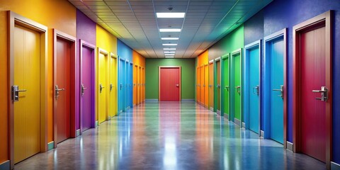 Vibrant corridor filled with colorful closed doors symbolizing diverse opportunities and choices