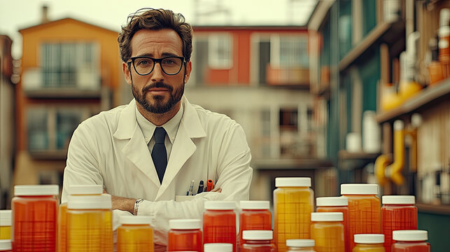 A scientist in a lab coat observes various vibrant liquid samples in jars while working at an urban research facility in the afternoon