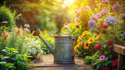 Rustic vintage watering can surrounded by lush green plants and flowers in a garden setting