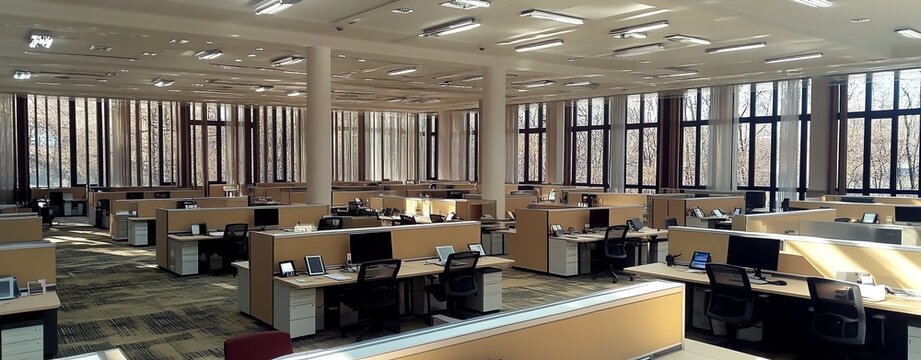 empty classroom in school library, call centre office, software developer work station, shared open cubical in company with computer desk chairs window 