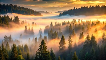 Obraz premium Mystical Coniferous Forest in Romanian Mountains at Sunrise with Fog and Trees