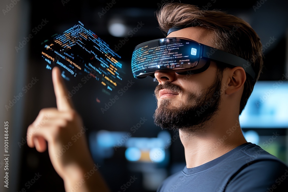 Poster Futuristic code review session, where developers use augmented reality glasses to visualize and interact with lines of code floating in the air