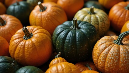 A vibrant arrangement of pumpkins and gourds for Halloween themes.