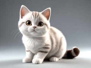3D Illustration Art of A Cute White Cat with Big Eyes Sitting on The Floor.