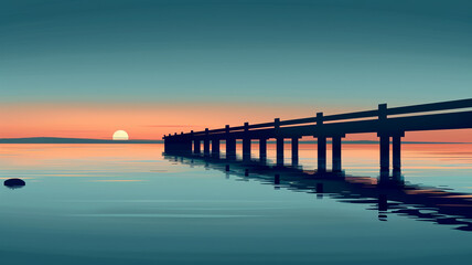 Obraz premium A tranquil sunset over a calm lake with a wooden pier extending into the water