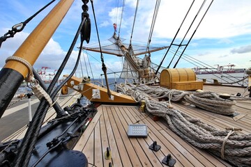 Weather deck of a sailing ship anchored in Tokyo Bay