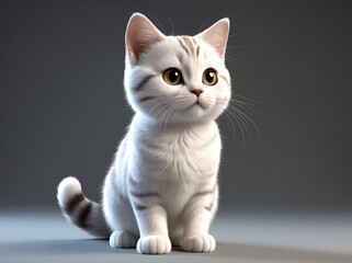 3D Illustration Art of A Cute White Cat with Big Eyes Sitting on The Floor.