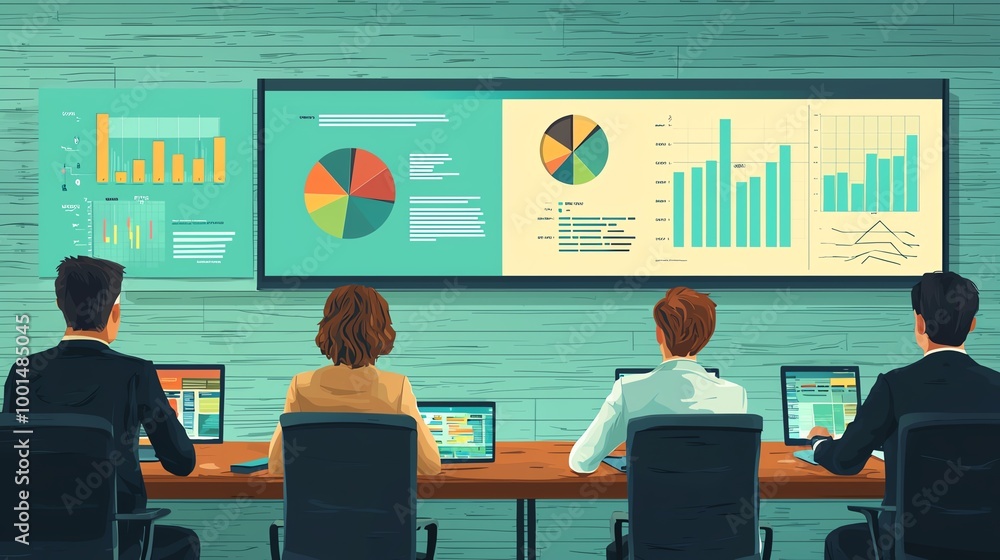 Poster a modern office meeting with professionals analyzing data on laptops and a screen displaying graphs 