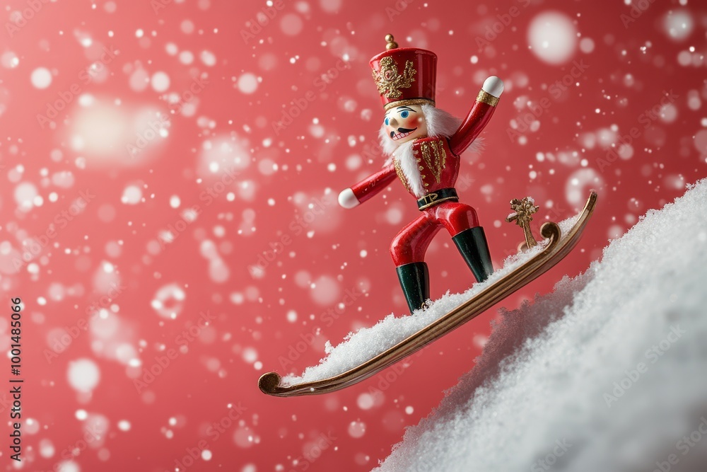 Poster a nutcracker is standing on a sled in the snow