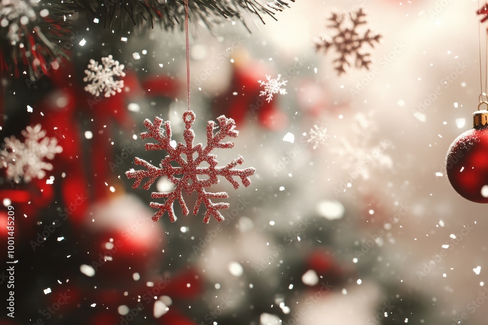 Poster a snowflake is hanging from a tree branch