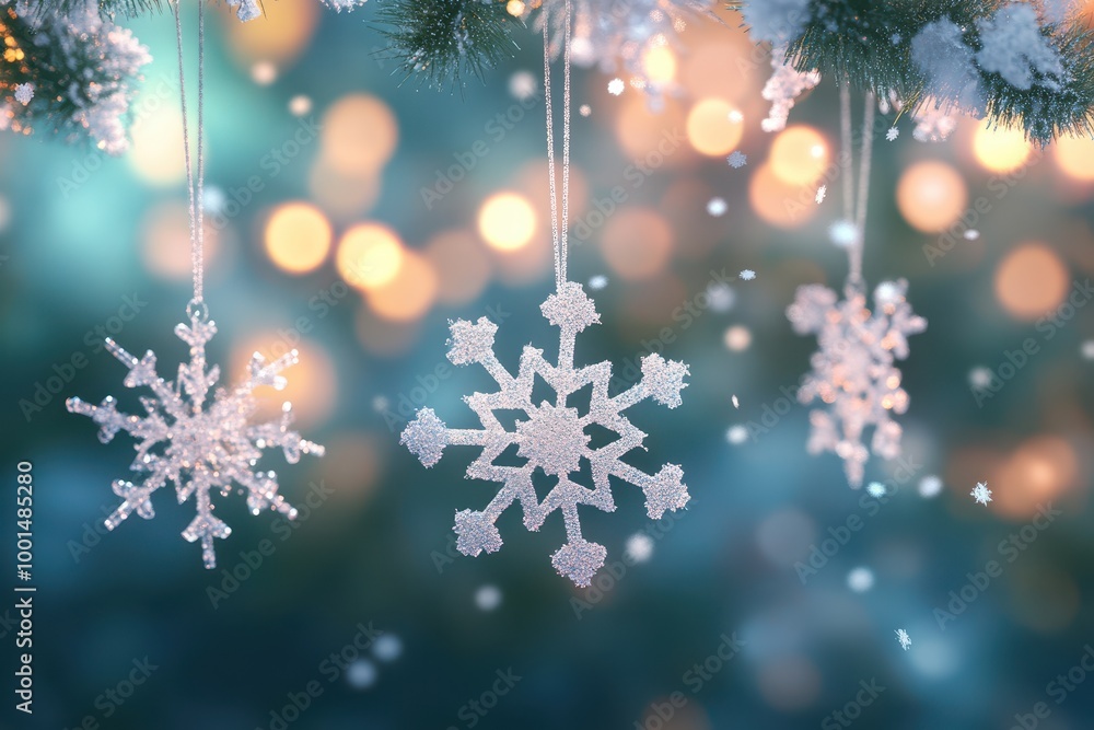 Poster a snowflake is hanging from a tree branch