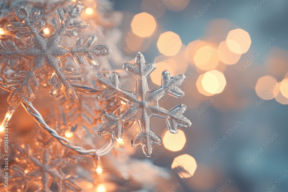 Poster a snowflake is hanging from a tree branch