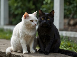 A white and black cat sharing a serene moment back to back.