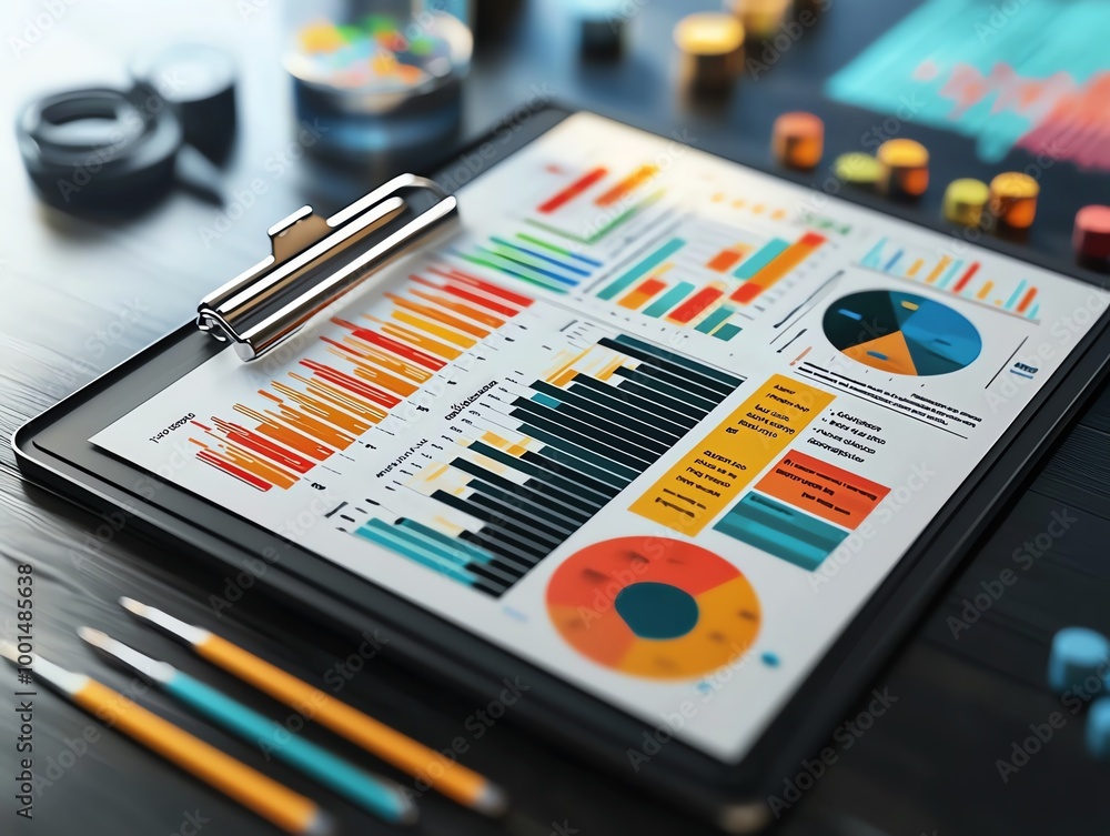 Aufkleber colorful data visualization charts on a clipboard, showcasing various graphs and statistics for effe