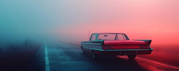 Abandoned car, lost in fog, eerie roadside, 3D illustration