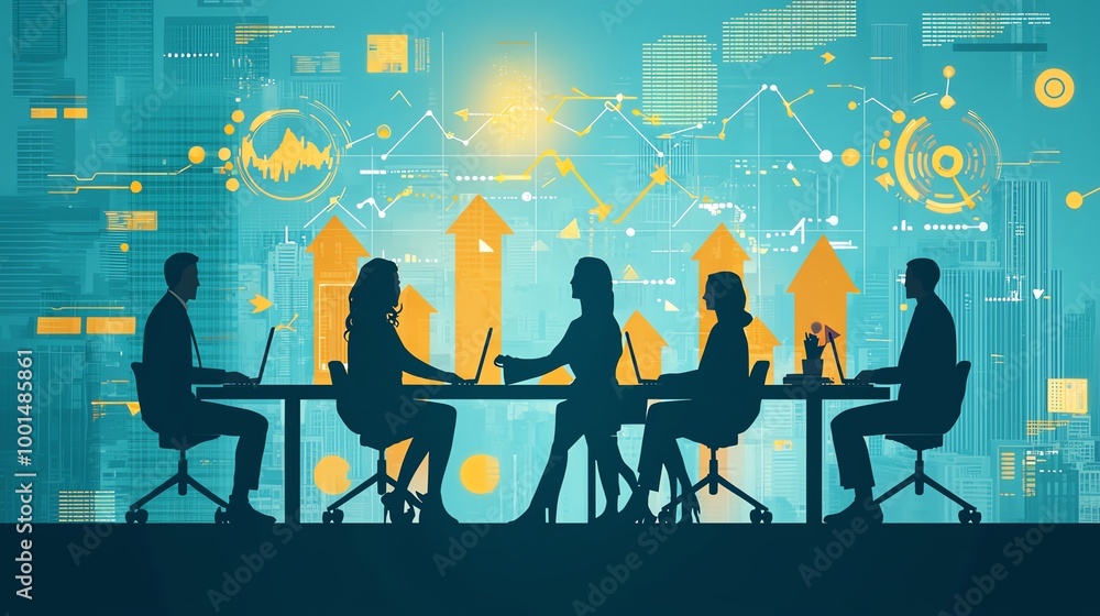 Poster silhouettes of professionals collaborating in a modern office setting with digital elements in the b