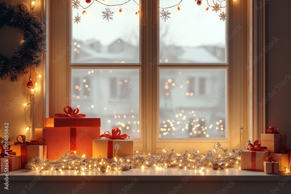 Poster a window with a wreath and a bunch of presents in front of it
