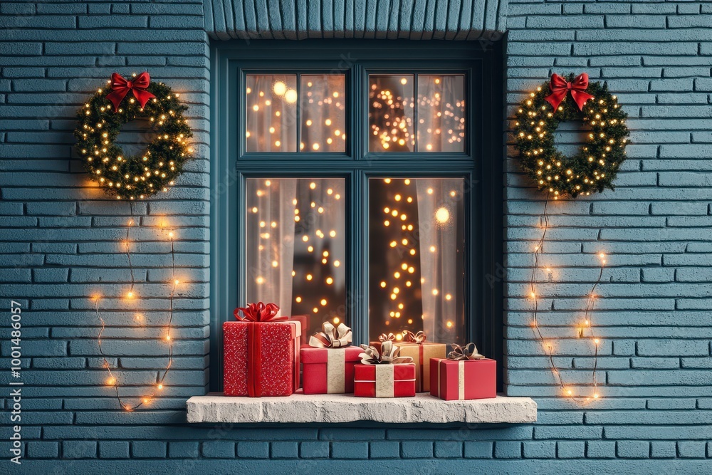 Poster a window with a wreath and a bunch of presents in front of it