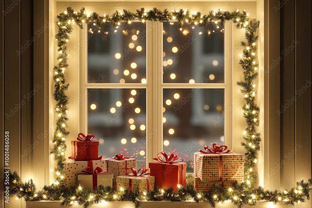 Poster a window with a wreath and a bunch of presents in front of it