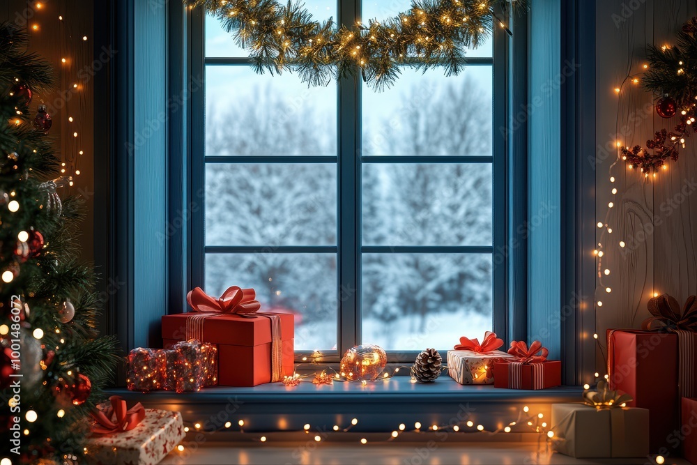 Aufkleber a window with a wreath and a bunch of presents in front of it