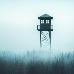 Abandoned watchtower, enveloped in fog, eerie feel, 3D illustration