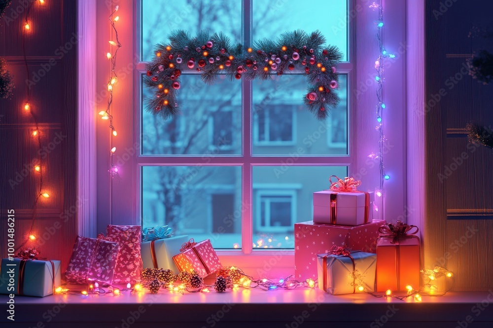 Poster a window with a wreath and a bunch of presents in front of it