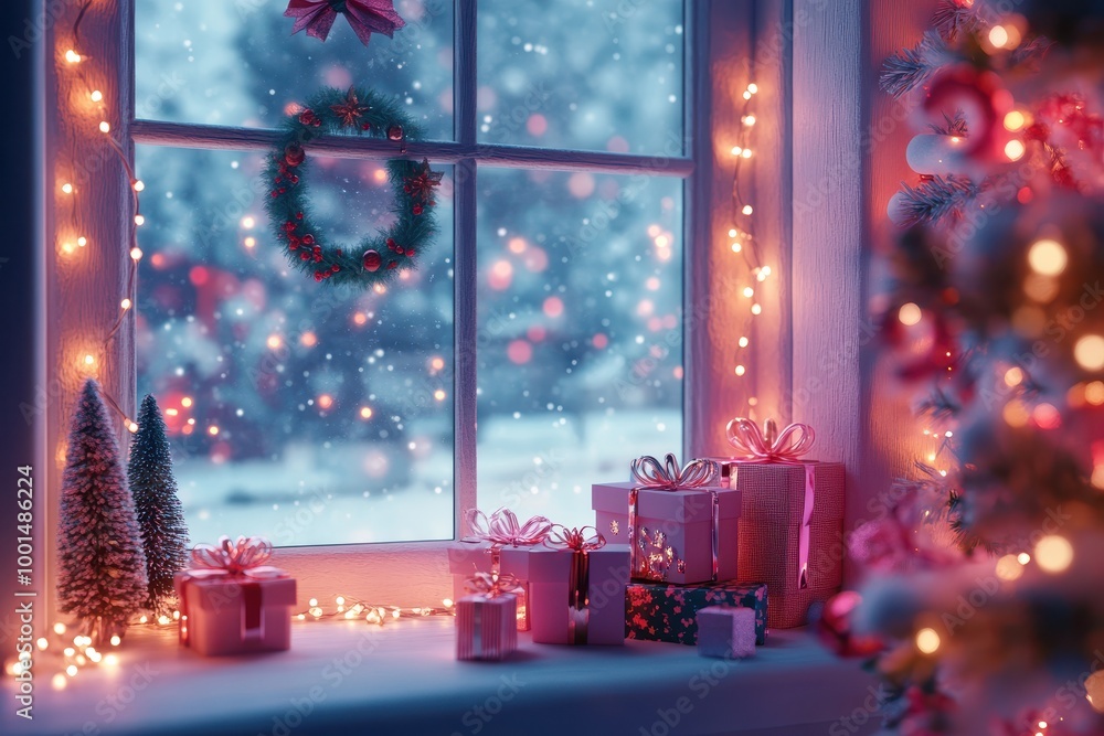 Poster a window with a wreath and a bunch of presents in front of it