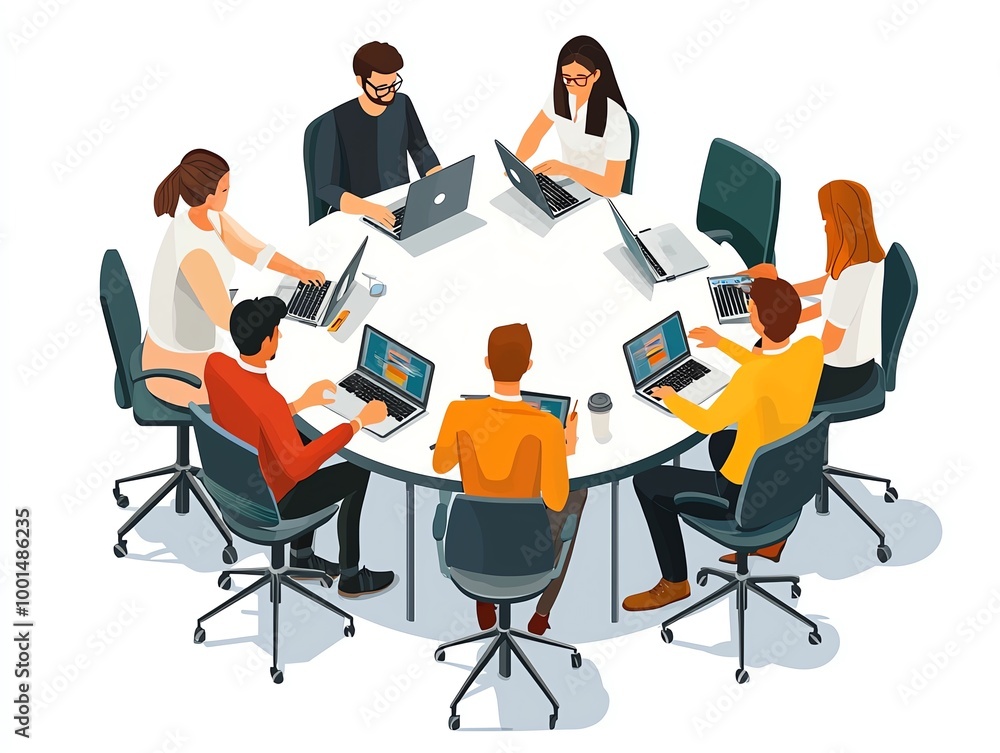 Poster a diverse group of professionals collaborating around a table with laptops in a modern office settin