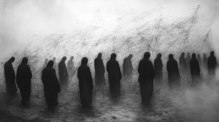 Mysterious silhouettes covered in mist gather in an intricate web-like pattern on an overcast morning, creating an eerie atmosphere