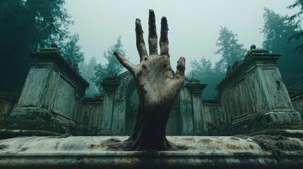 An eerie hand breaks through the stone surface of forgotten ruins, shrouded in mist, with towering trees creating a mystical, abandoned environment