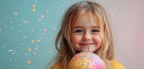 Naklejka premium A joyful young girl with long, golden hair smiles brightly while holding a colorful treat and enjoying a vibrant celebration indoors