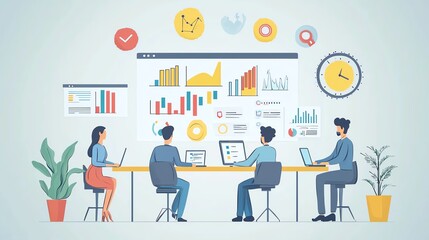 A diverse team engaging in a data-driven meeting, analyzing charts and graphs to enhance business strategy and performance.