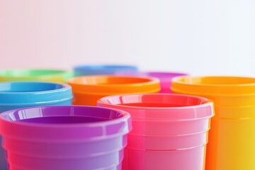 A row of colorful plastic cups are lined up on a table