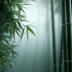 Ambient fog in a bamboo forest, soft light, calm scene, 3D illustration