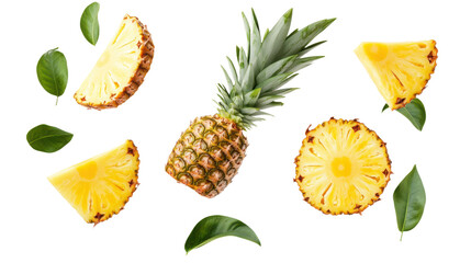 Floating Pineapple with Half Slices and Green Leaves | Isolated on Transparent Background