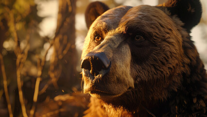 Naklejka premium Majestic bear staring with intense eyes in the golden light