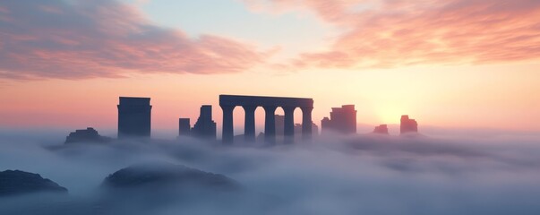 Fototapeta premium Ancient ruins in fog, drifting clouds, eerie setting, 3D illustration