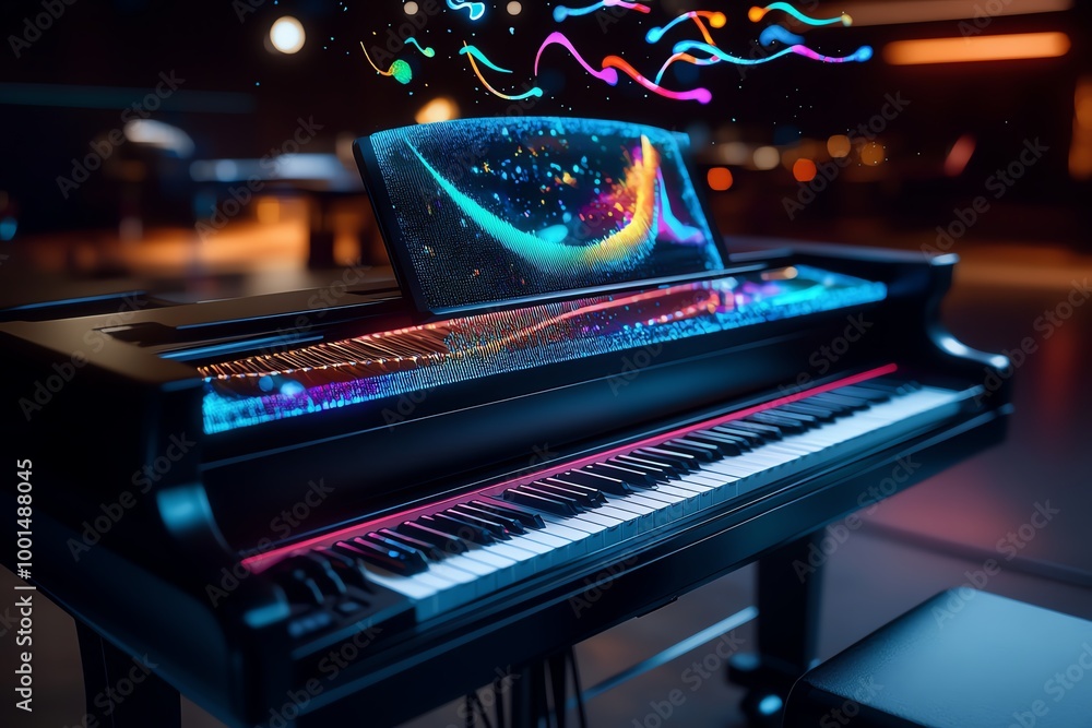 Poster Futuristic digital piano, with holographic keys that light up when played, creating colorful soundwaves that float above the instrument, set in a high-tech music studio