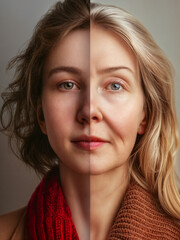 Naklejka premium Split face. A split portrait of a woman, with one side featuring her with blonde hair and the other as with gray hair. Comparison between different skin types and hair colors.