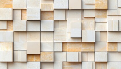 Textured wall of beige and white tiles with various shapes and sizes, white isolate background.