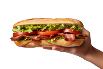Hand holding delicious BLT Sandwich, bacon, lettuce, tomato, subway, . 0n white background