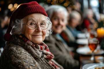 Fototapeta premium An elderly woman, wearing a Santa hat, smiling, attending a Christmas holiday gathering with friends. Closeup portrait of senior white lady at New Year dinner, looking at camera.