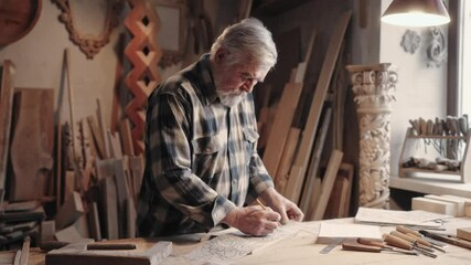 Older Caucasian man working with wood. Observing creation. Looking at ornaments. Creating new furniture in large room full of instruments and uncompleted projects. Focused woodworker.