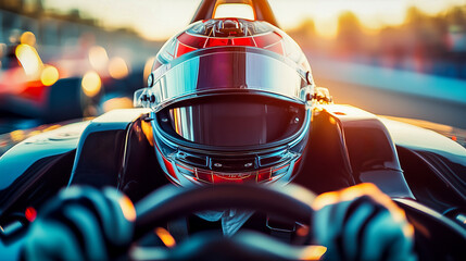 Formula 1 car driver in helmet behind steering wheel on the circuit at sunset