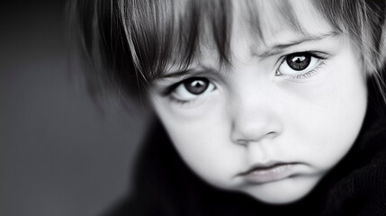 Fototapeta premium Sad abandoned child, tragic story in the eyes, Generative AI