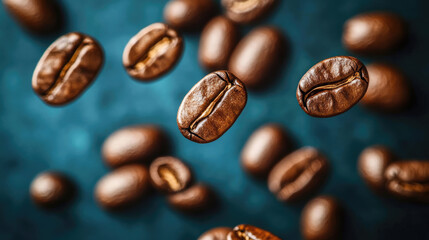 Fototapeta premium Roasted coffee beans floating on blue background