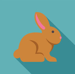 Illustration of a brown rabbit sitting with long shadow on a turquoise background, in flat design style