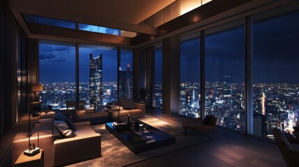A spacious room in a skyscraper, offering a spectacular night-time view of the illuminated cityscape.