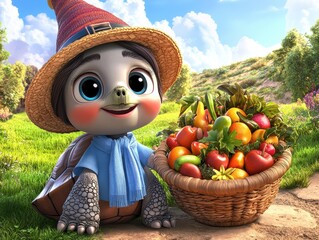 Adorable Cartoon Turtle in Farmer Outfit Holding Basket of Fresh Fruits and Vegetables in a Sunny Countryside Setting
