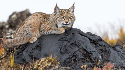 Bobcat Resting on a Rocky Outcrop in its Natural Habitat, Captured in High Definition during Autumn Season with a Scenic Background